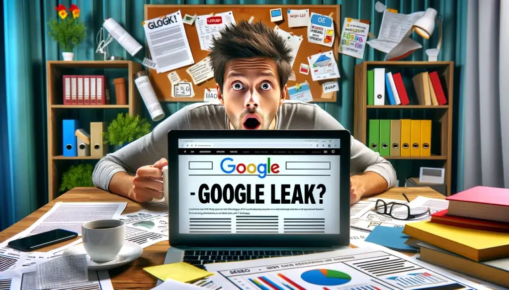 Stor Google-läcka ger nya insikter om hur algoritmen fungerar 6 DALL·E 2024 06 04 13.57.41 A surprised blogger Mattias sitting at his desk with a laptop open surrounded by scattered documents and notes. The screen shows the headline parti