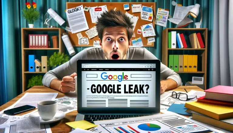 DALL·E 2024 06 04 13.57.41 A surprised blogger Mattias sitting at his desk with a laptop open surrounded by scattered documents and notes. The screen shows the headline parti